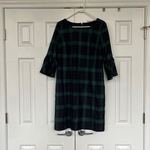 Blue and Green checkered ruffle long sleeve dress